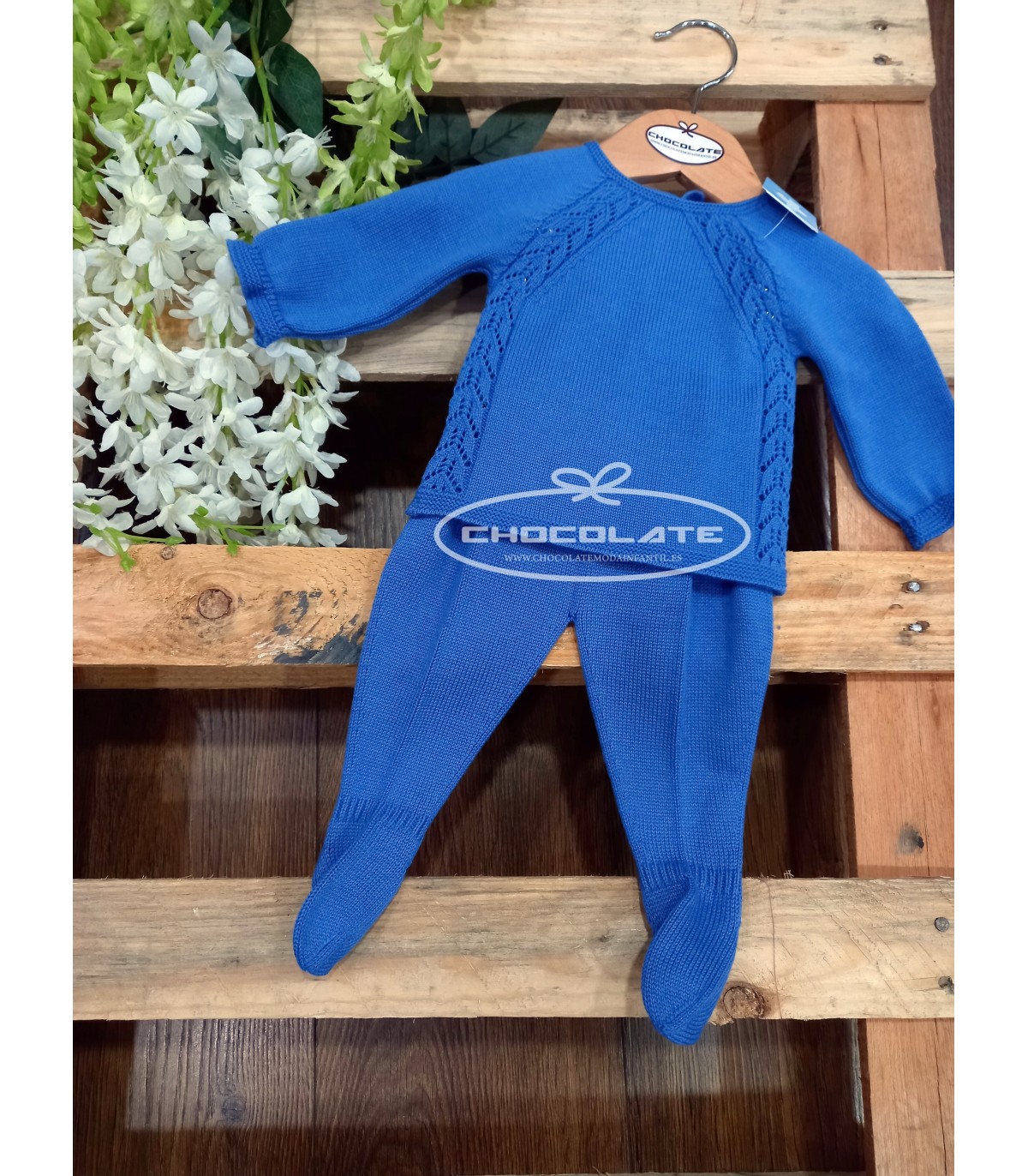 Conjunto jubón y polaina en hilo azulón para bebé