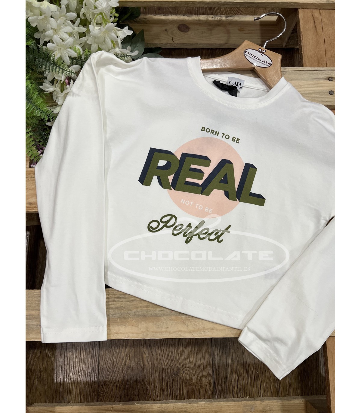 Camiseta blanca rosa y verde para niña