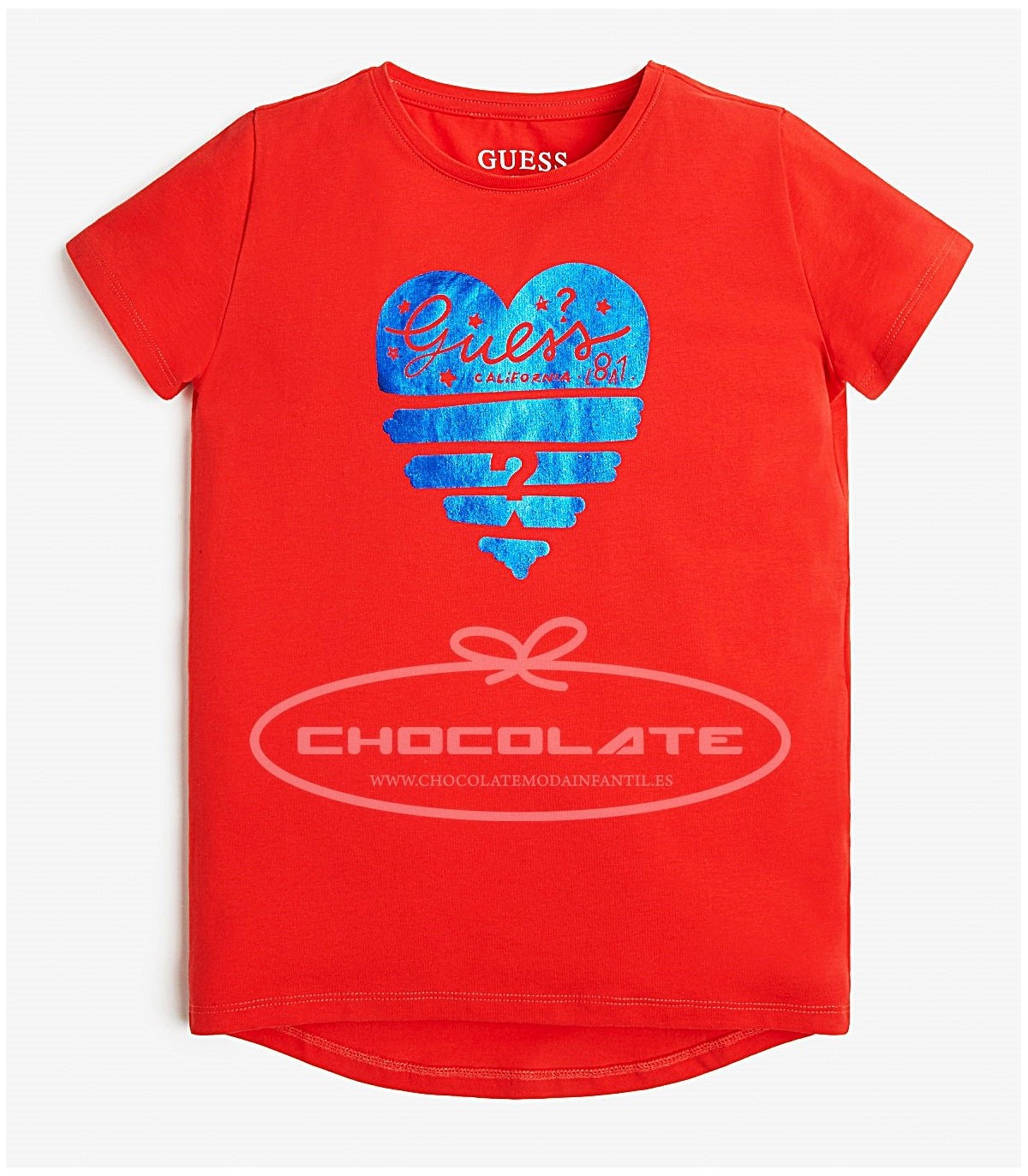 Camiseta roja para niña con corazón azulón de Guess