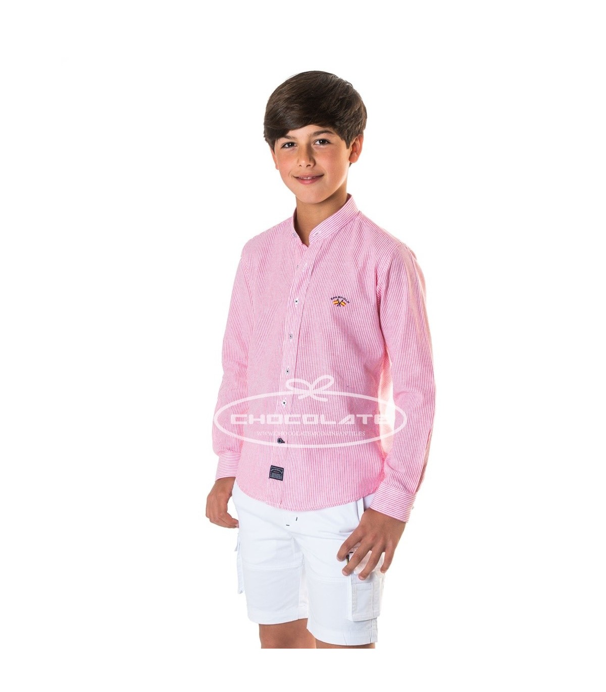 A bordo regla Irónico Camisa niño en lino de rayas rosas de Spganolo Talla 6 años