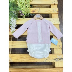 Conjunto bebé niña con jersey rosa detalle puntilla y braguita blanca