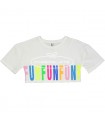 Camiseta corta para niña en blanco con letras fluor