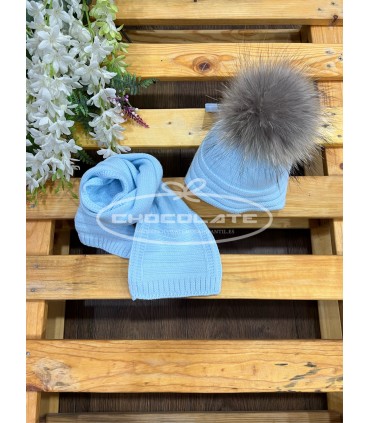 Gorro y bufanda celeste pompón pelo natural | Gorro y bufanda color...