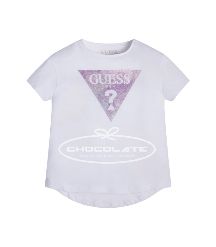 Camiseta blanca logo triangulo malva de Guess kids para niña | Boni...