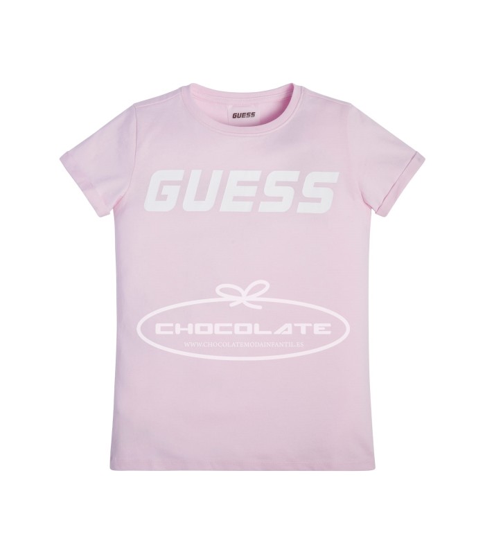 Camiseta rosa claro con logo blanco de Guess kids para niña | Camis...
