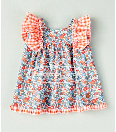 Vestido flor y cuadro vichy naranja de Jose Varón | Vestido para ni...