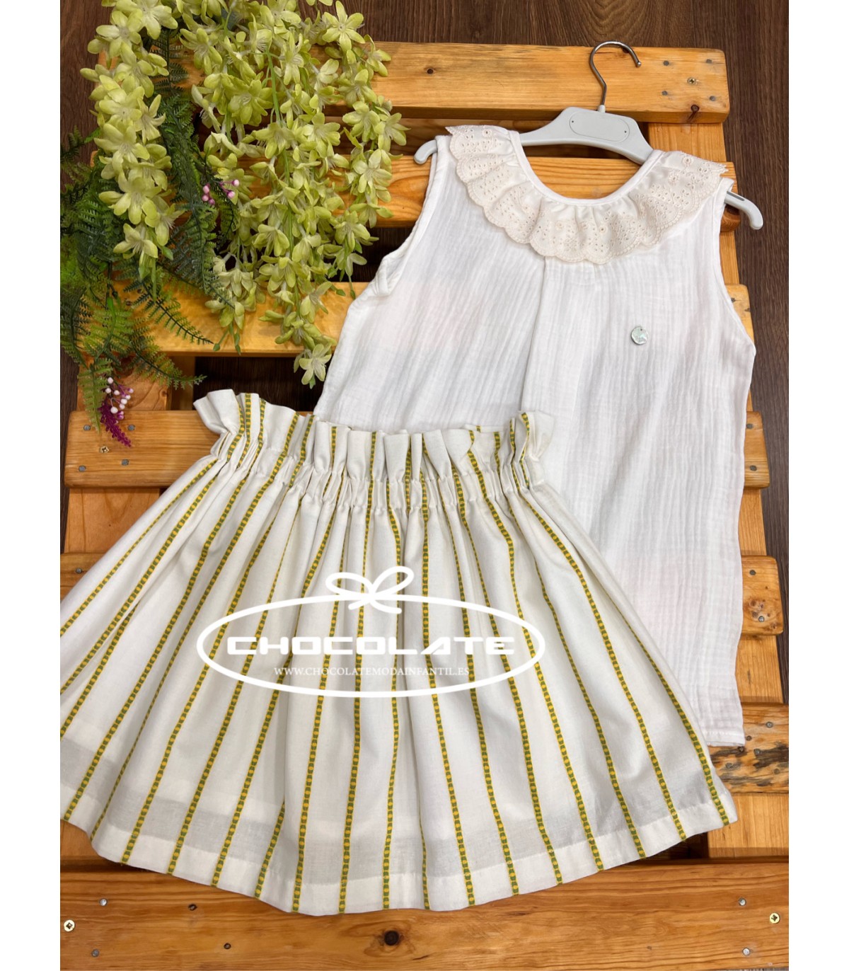 Falda blanca rayas amarillas | Falda para niña en una fina tela con...
