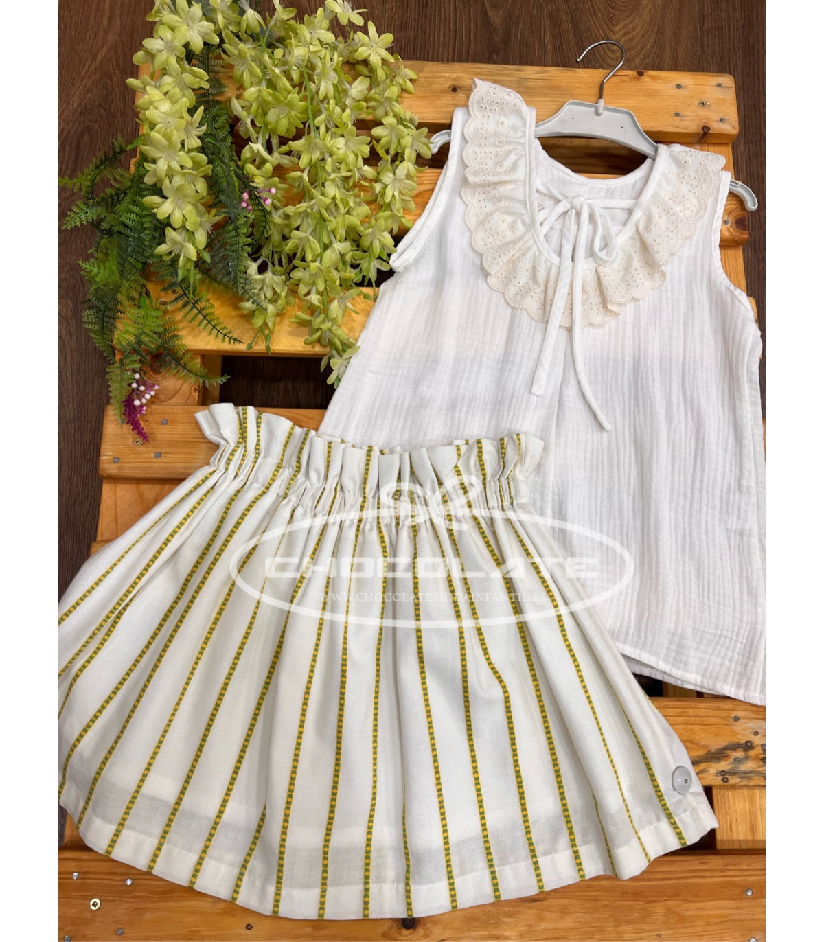 Falda blanca rayas amarillas | Falda para niña en una fina tela con...