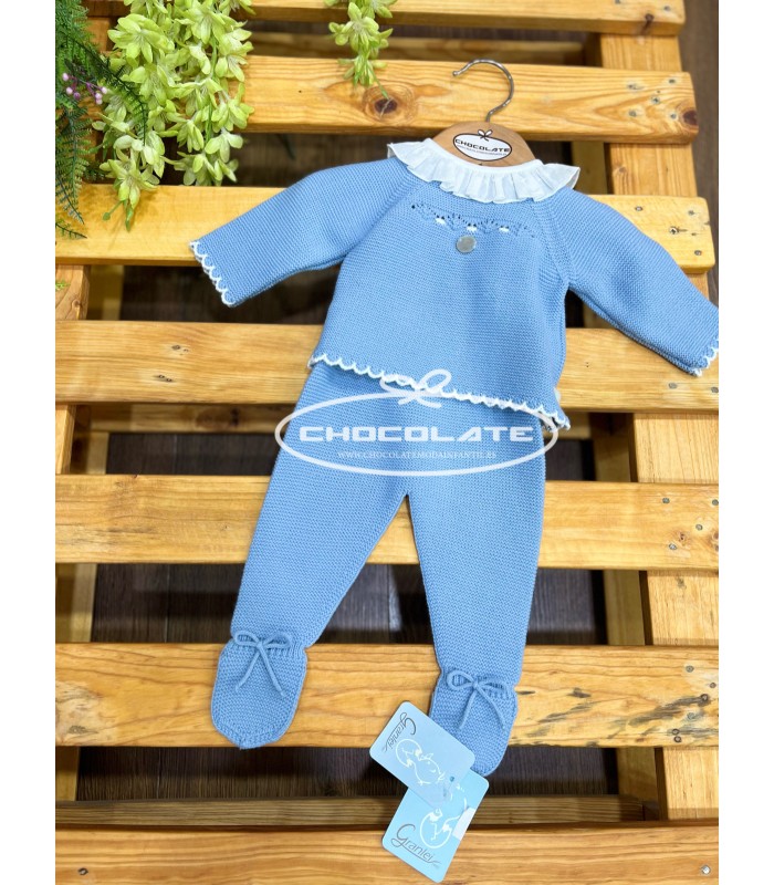 Conjunto de punto celeste con polaina para bebé de Granlei | Conjun...