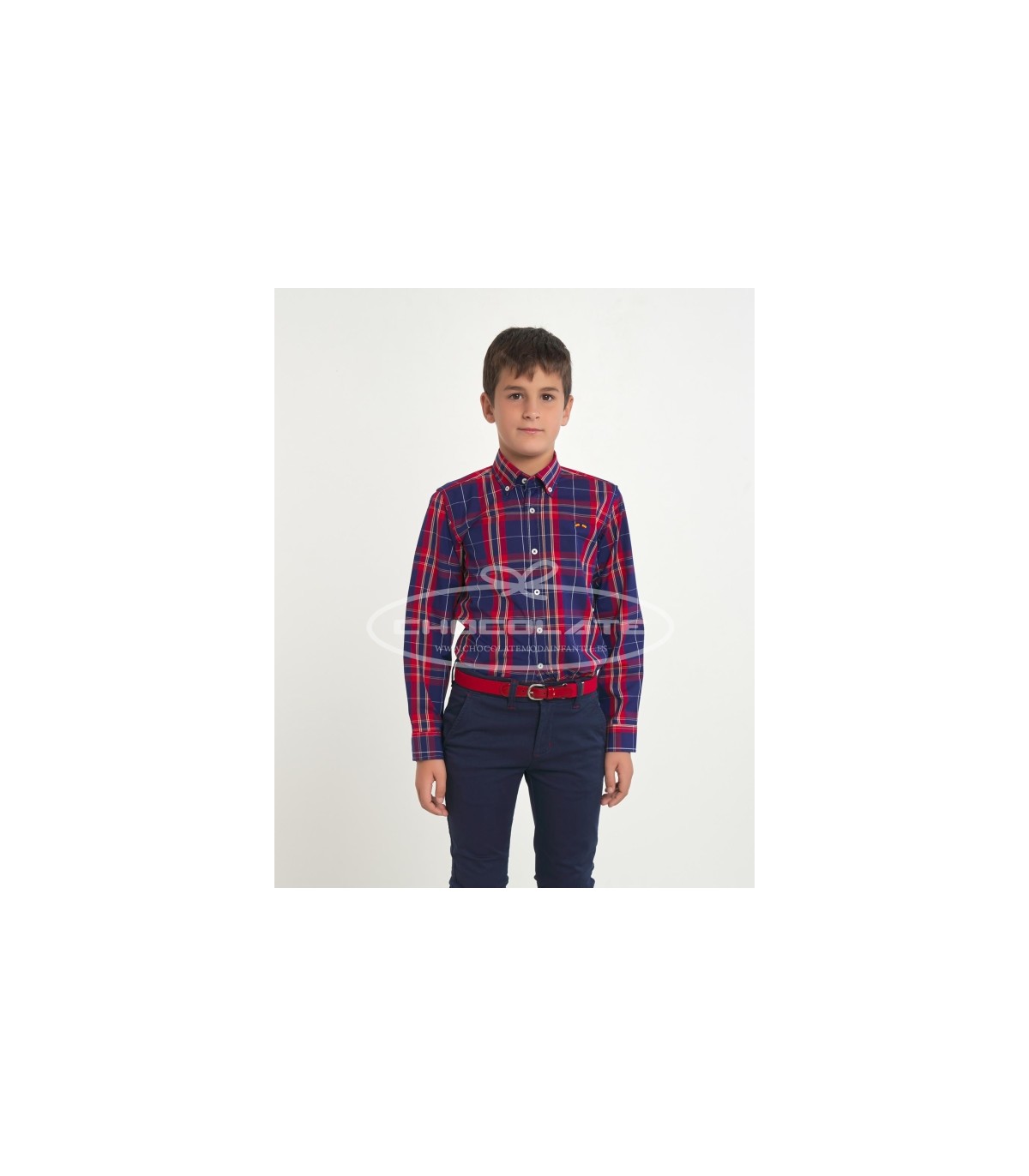 Camisa popelín cuadros marino y rojo Spagnolo | Camisa para niño te...