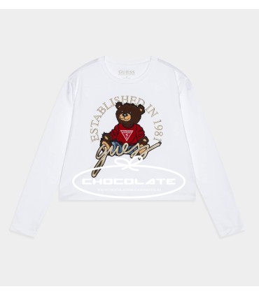 Camiseta blanca con oso de Guess para niña | Camiseta de manga larg...