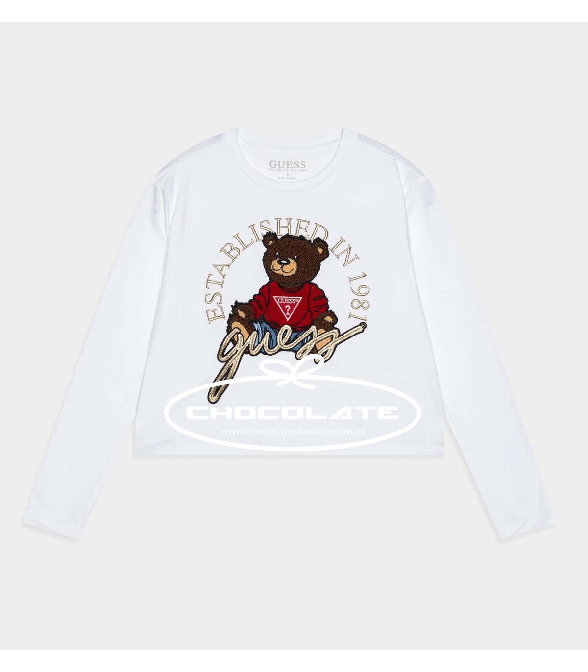 Camiseta blanca con oso de Guess para niña | Camiseta de manga larg...
