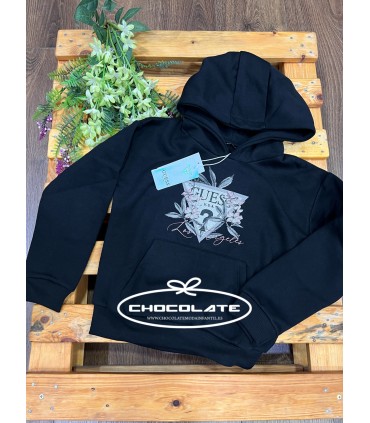 Sudadera negra de Guess para niña con logo estampado flor | Sudader...