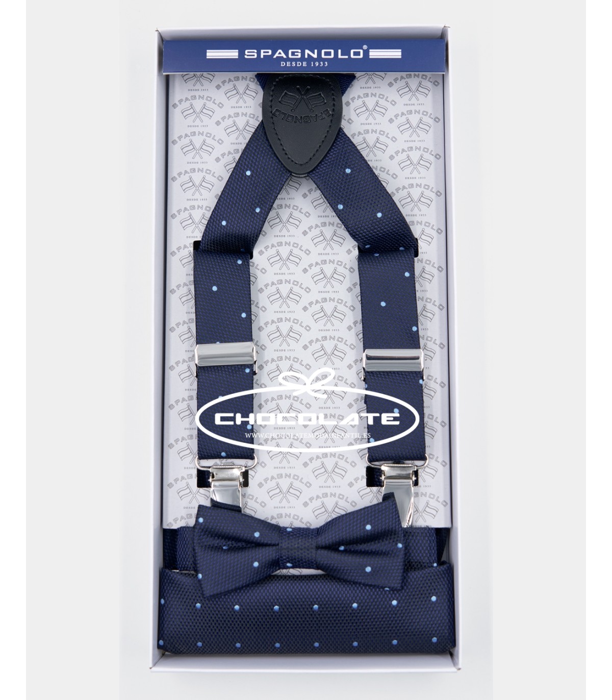 Pack de pajarita, tirantes y pañuelo marino topos de Spagnolo | Con...