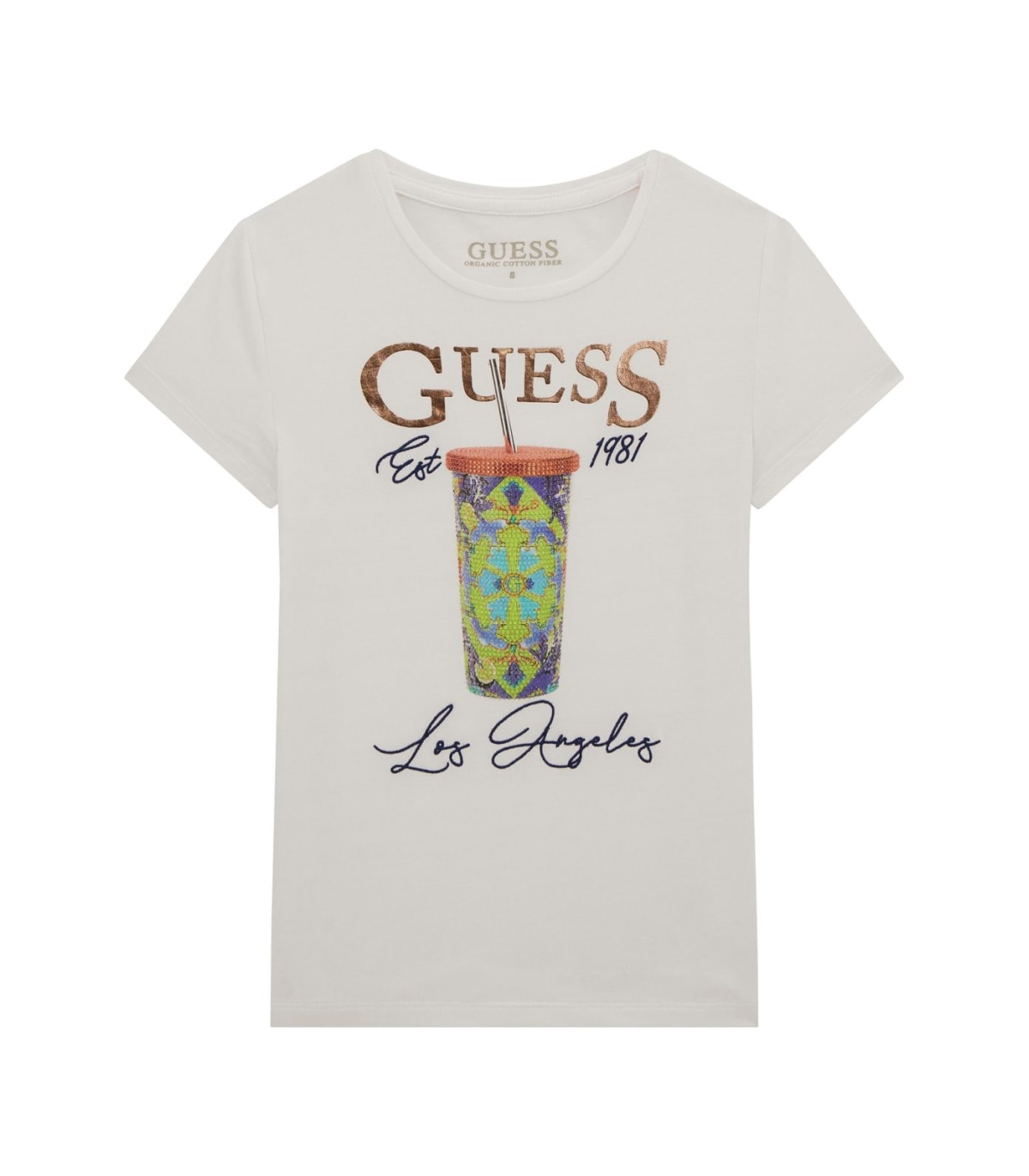 Camiseta blanca para niña de Guess con motivo de vaso azul | Camise...