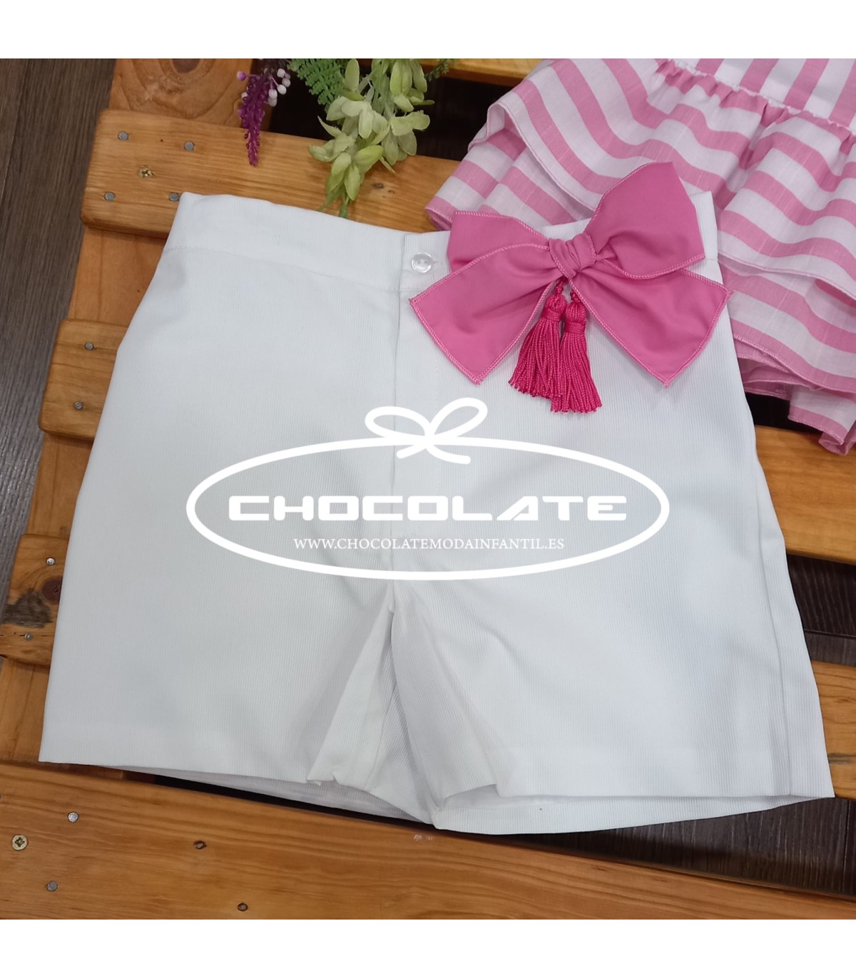 Short y blusón rayas blanco y rosa de Nini | Conjunto para niña de ...