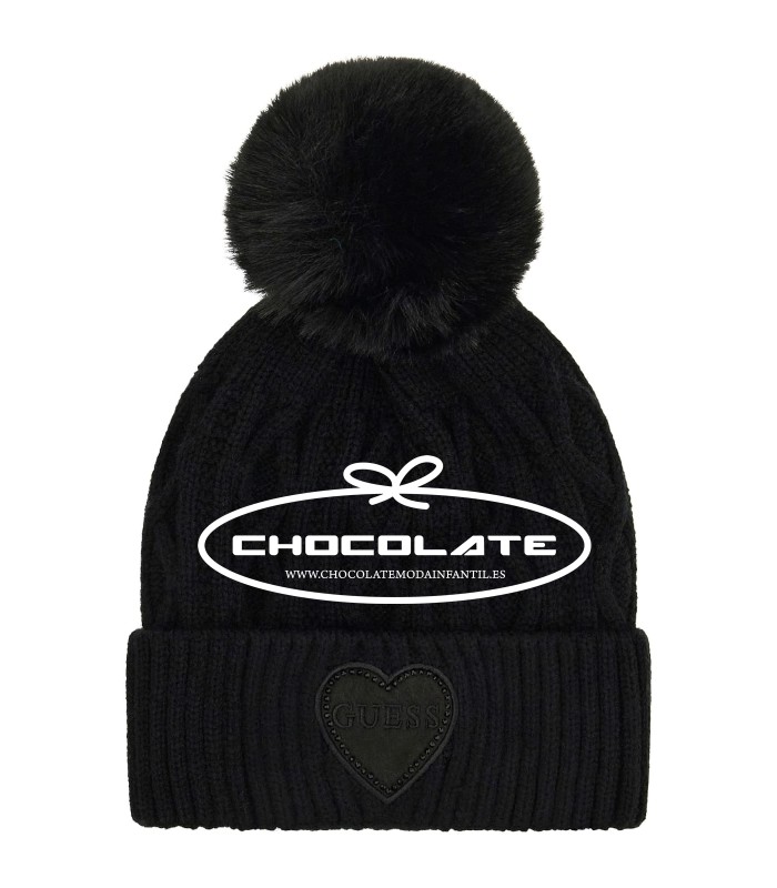 Gorro negro niña Guess | Gorro de punto color negro con pompón para...