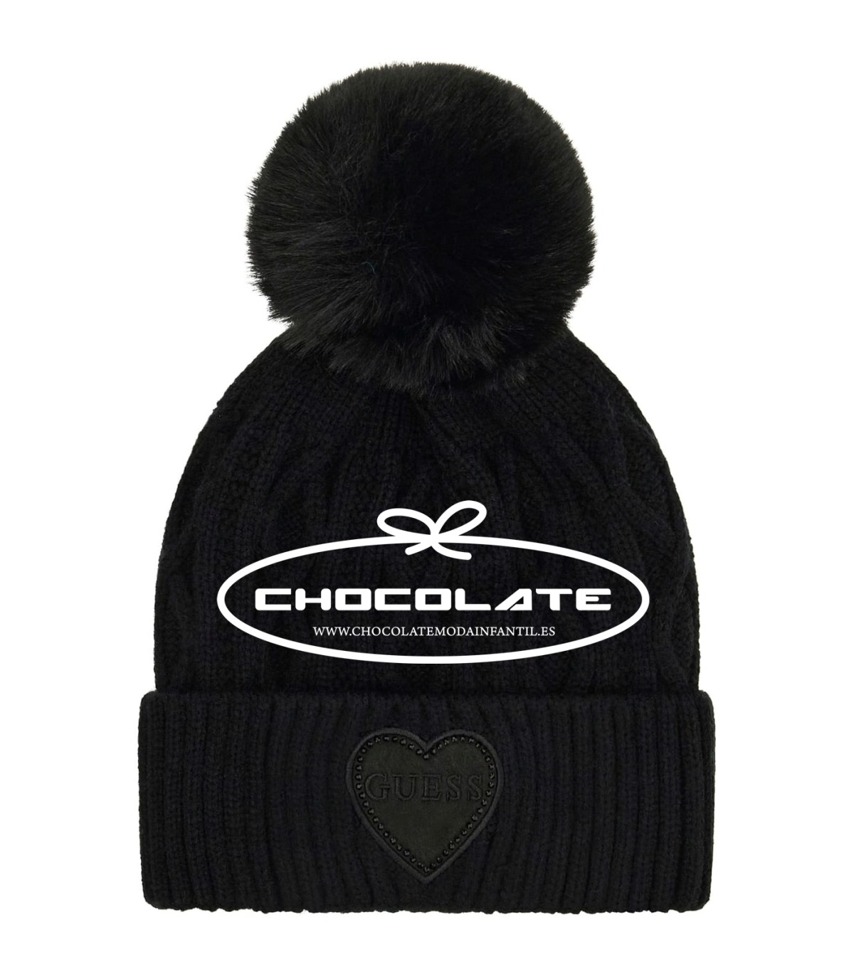 Gorro negro niña Guess | Gorro de punto color negro con pompón para...