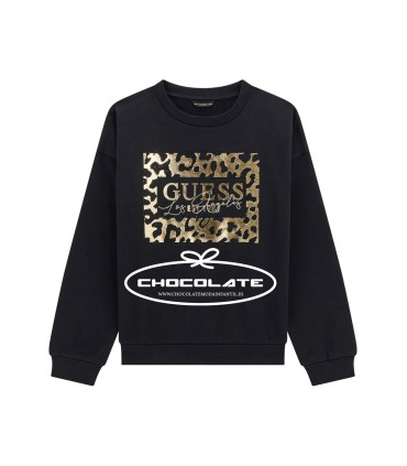 Sudadera negra con logo en leopardo dorado de Guess para niña | Sud...