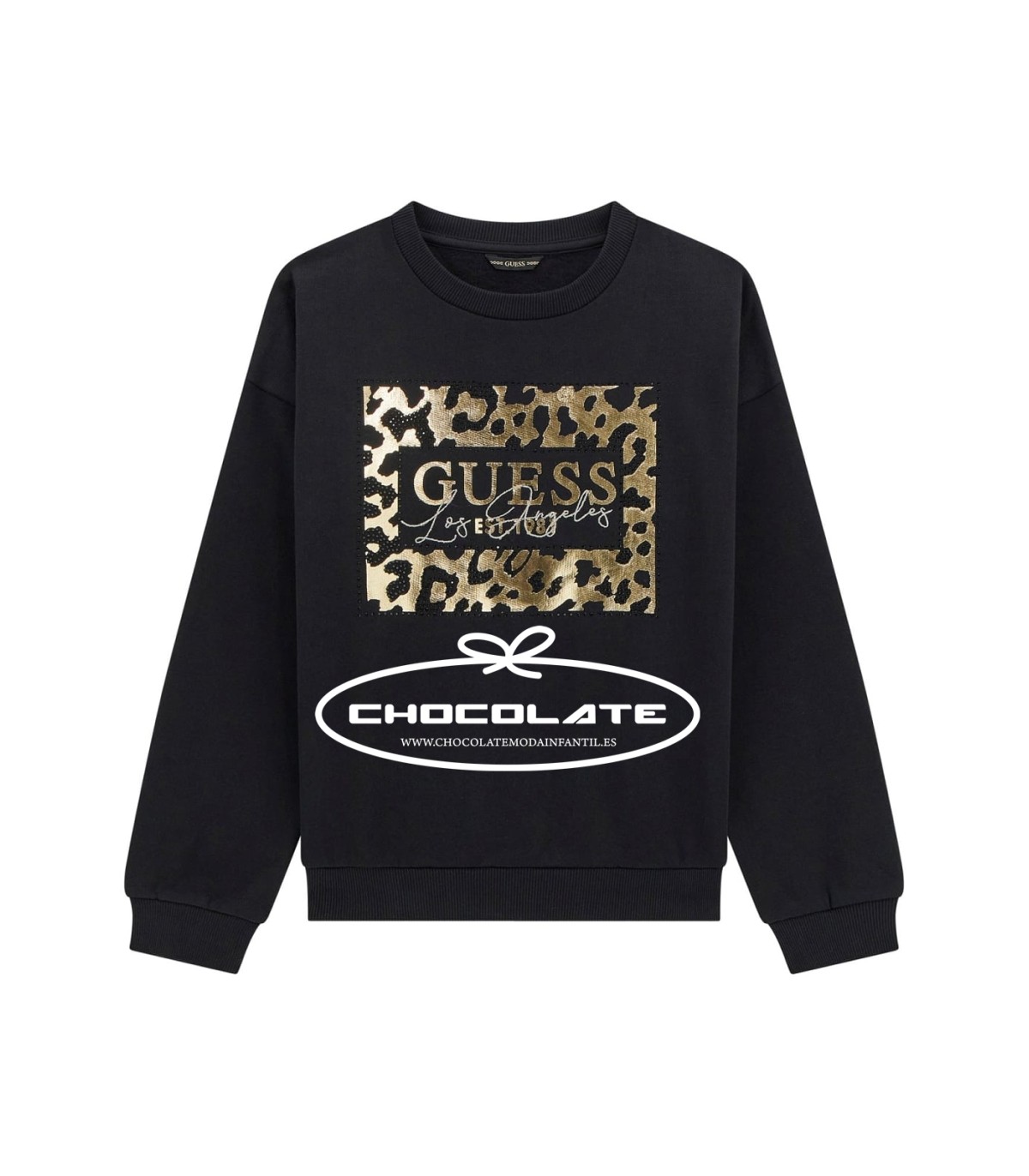 Sudadera negra con logo en leopardo dorado de Guess para niña | Sud...