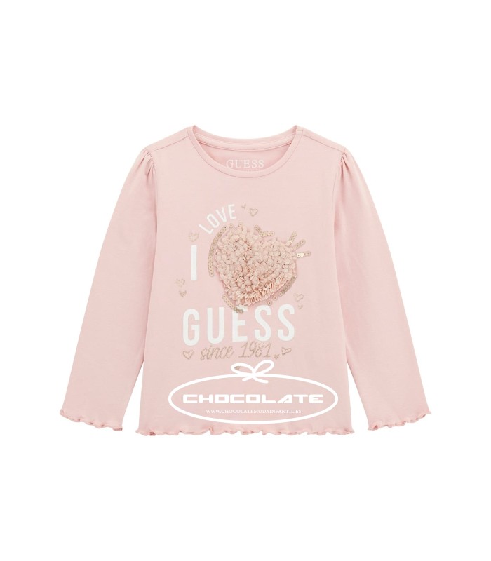 Camiseta rosa de Guess para niña con corazón en relieve | Camiseta ...