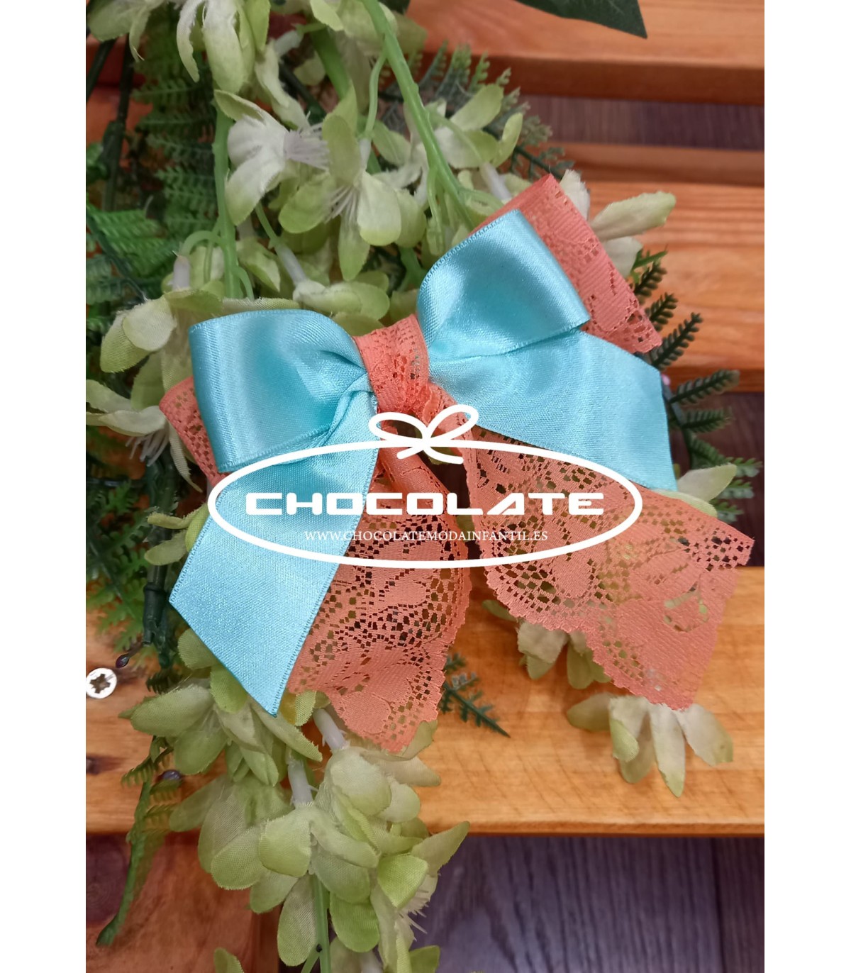 Pinza para niña en puntilla color naranja y verde agua | Pinza con ...