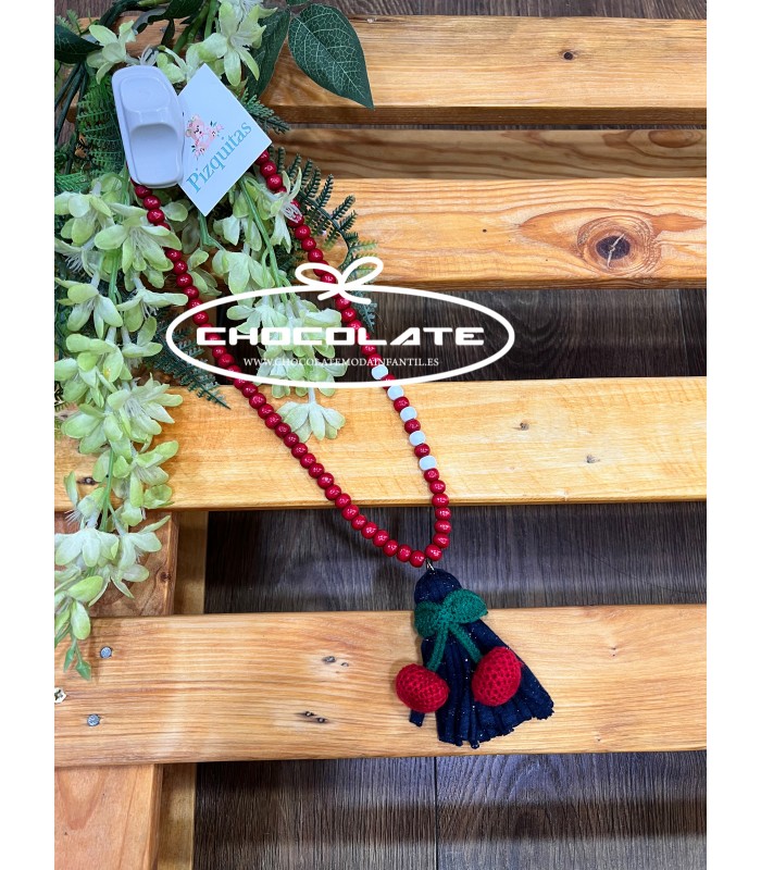 Collar niña pompón azul y cerezas | Precioso collar para niña en to...