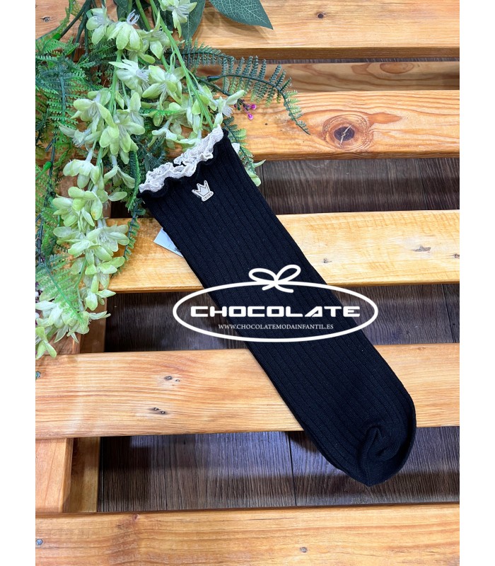 Medias negras detalle puntilla beig y corona | Medias altas para ni...