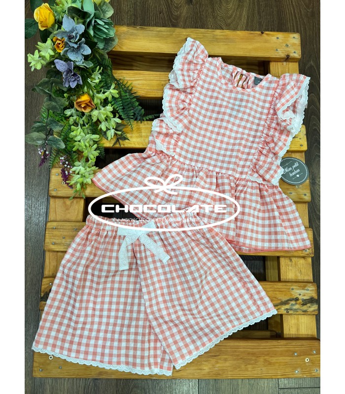 Conjunto niña camisa y short vichy melocotón de Mon Petit Bonbon | ...