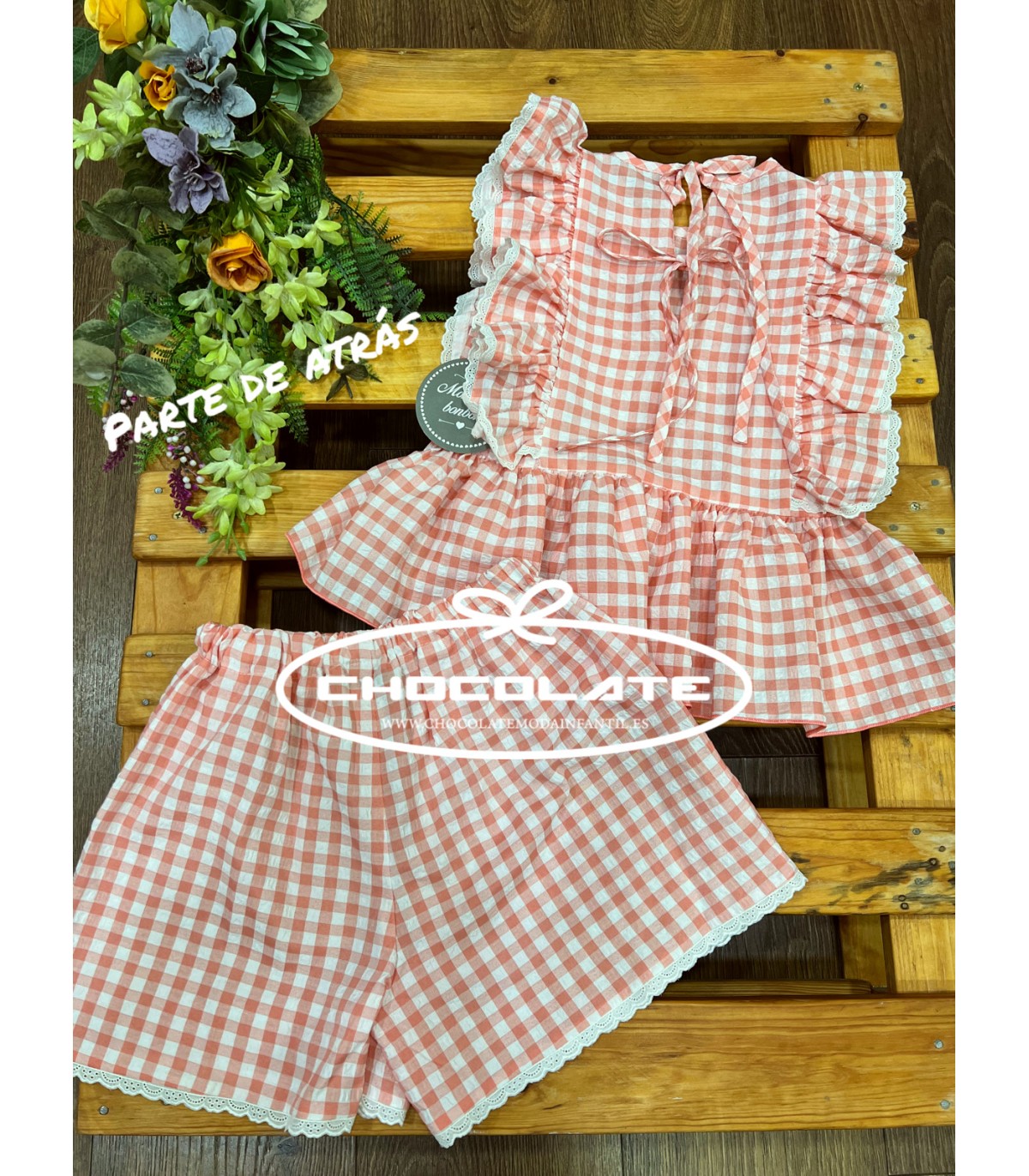 Conjunto niña camisa y short vichy melocotón de Mon Petit Bonbon | ...