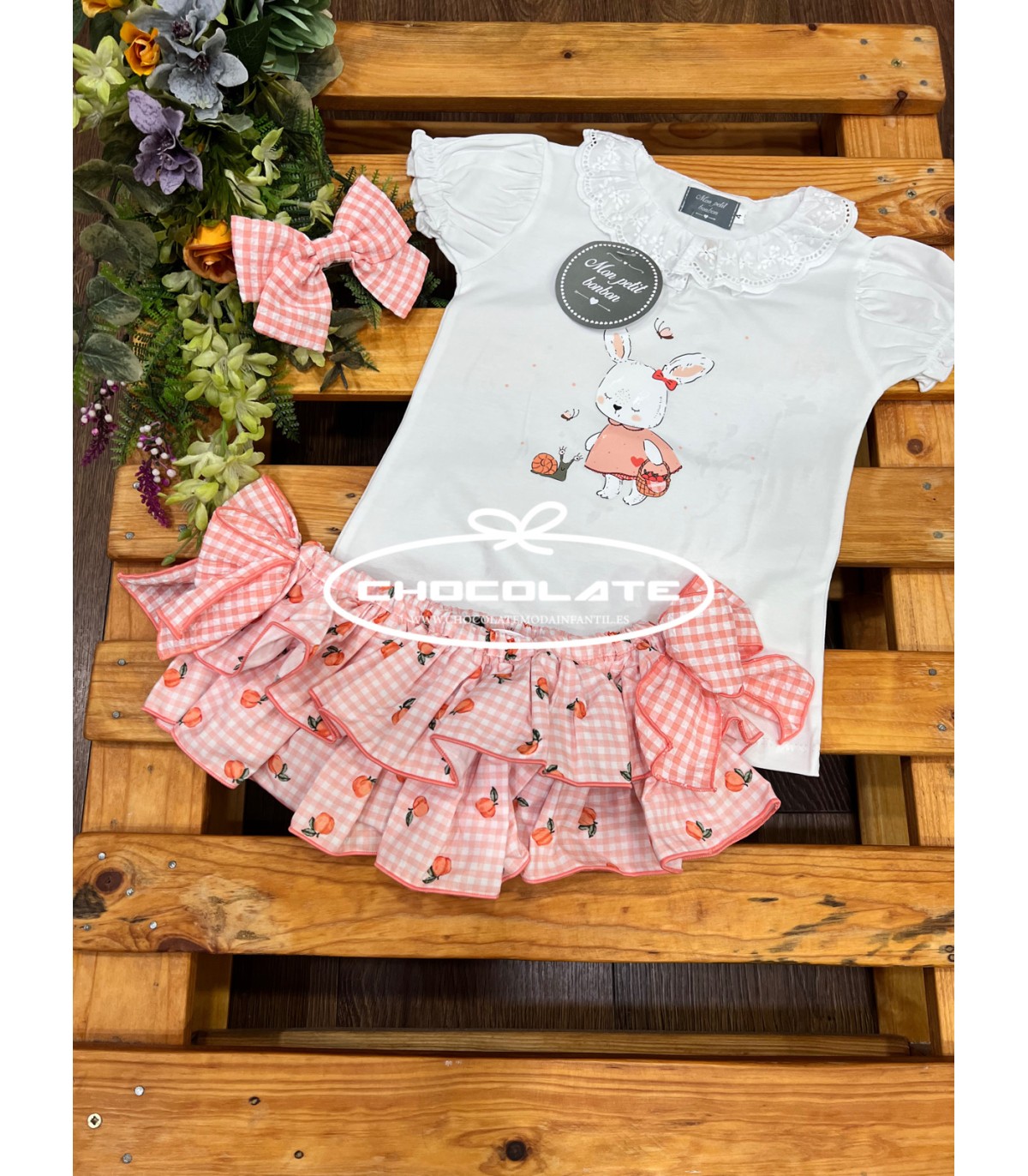 Conjunto niña camiseta y braguita melocotones de Mon Petit Bonbon |...