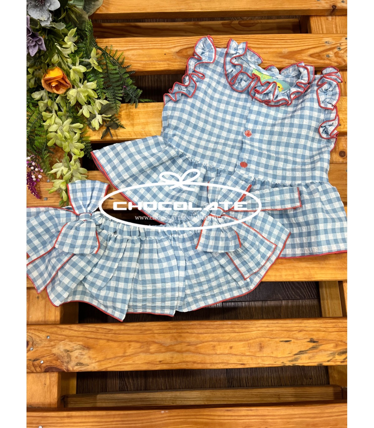 Conjunto niña de camisa y ranita en vichy azul de Pio Pio | Este co...