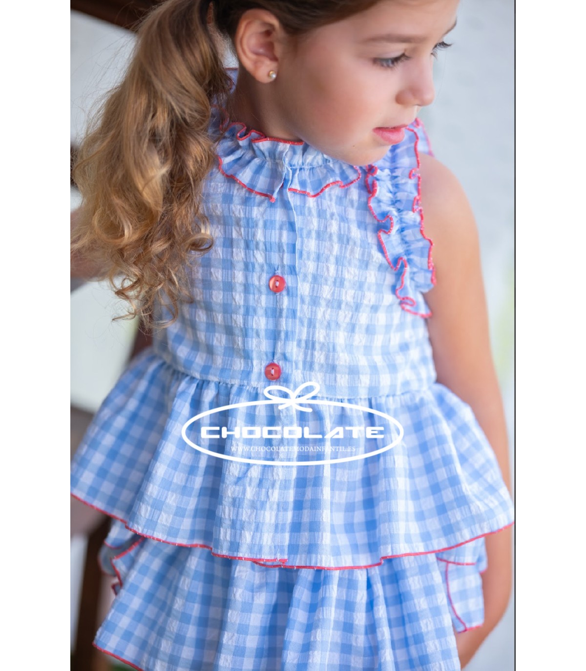 Conjunto niña de camisa y ranita en vichy azul de Pio Pio | Este co...