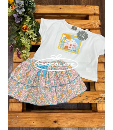 Conjunto niña de camiseta y falda pantalón flor turquesa de Mon Pet...