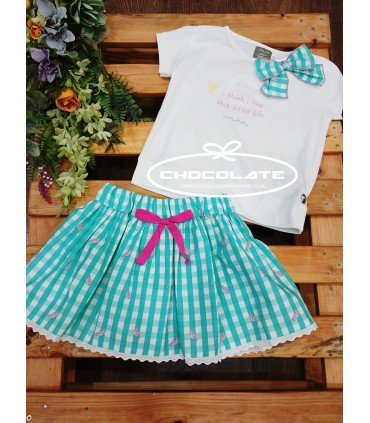 Conjunto niña falda pantalón vichy y camiseta de Mon Petit Bonbon |...