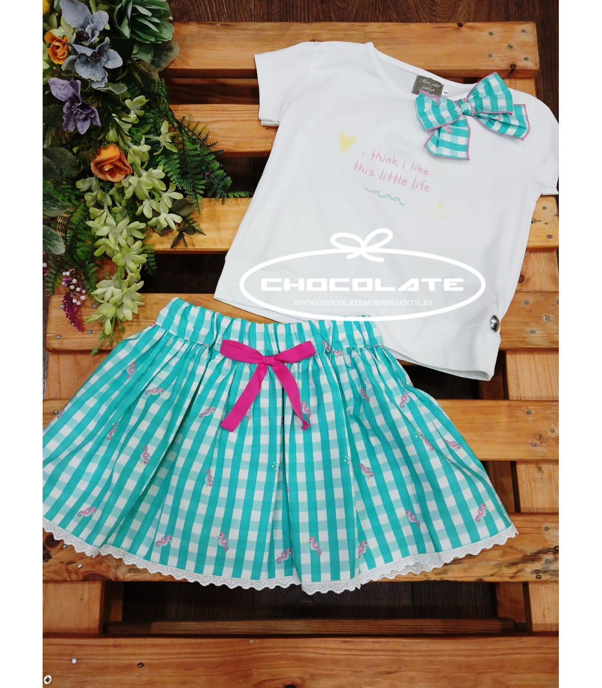 Conjunto niña falda pantalón vichy y camiseta de Mon Petit Bonbon |...