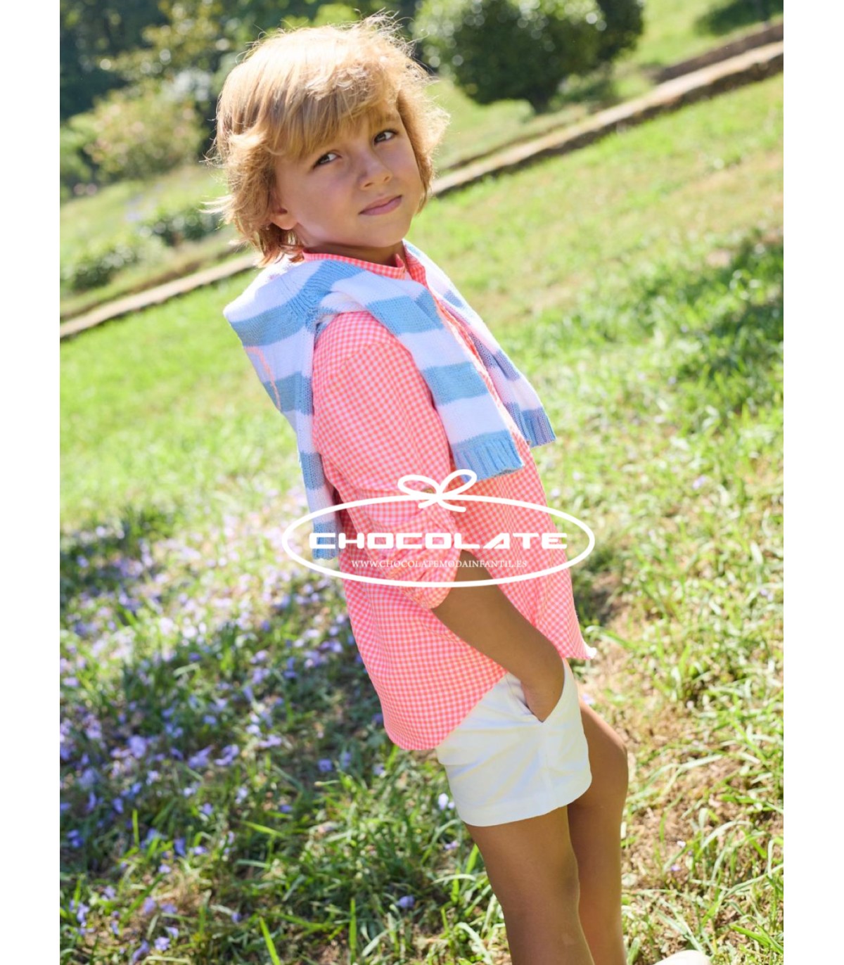 Conjunto niño La Martinica Bike camisa vichy flúor y bermuda blanca...