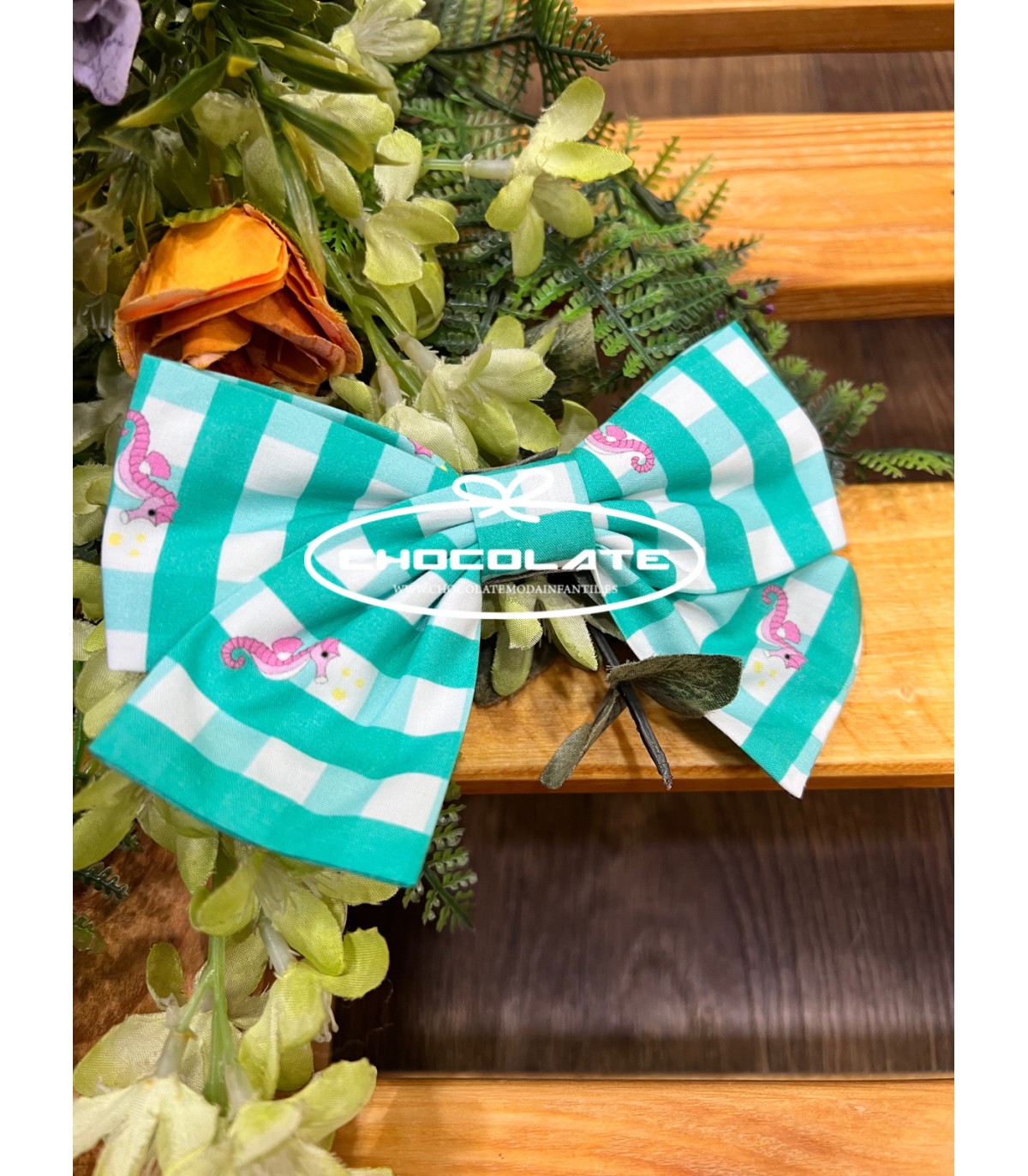 Pinza pelo niña con lazada vichy verde caballitos de Mon Petit Bonb...