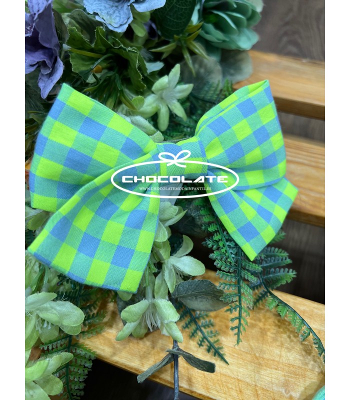 Pinza con lazada cuadros verde fluor y gris de Mon Petit Bonbon | P...