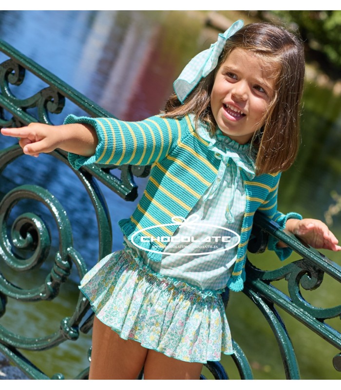 Conjunto para niña La Martinica con camisa vichy verde agua y braguita floral colección La Provenza