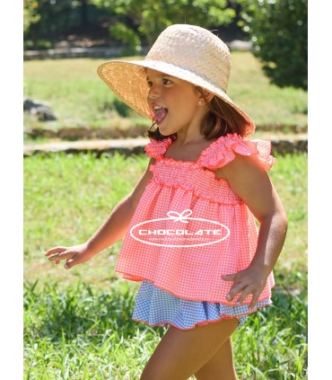 Conjunto para niña La Martinica colección Bike con blusa vichy flúor y braguita celeste con volante