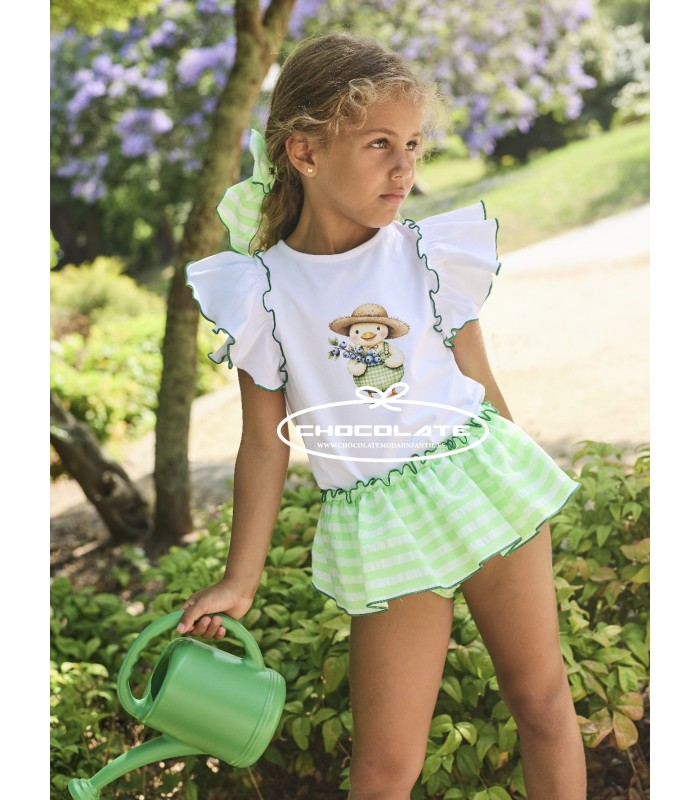 Conjunto para niña La Martinica colección Apple con camiseta con volantes y braguita de rayas flúor verde