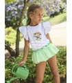 Conjunto para niña La Martinica colección Apple con camiseta con volantes y braguita de rayas flúor verde
