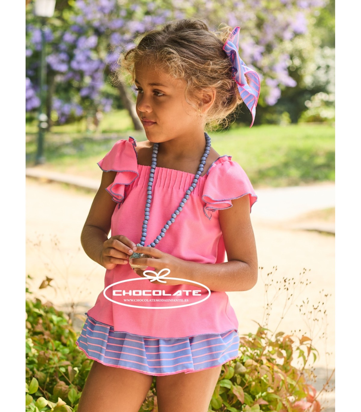 Conjunto para niña La Martinica colección Pantera Rosa con polo rosa con volantes y braguita a juego