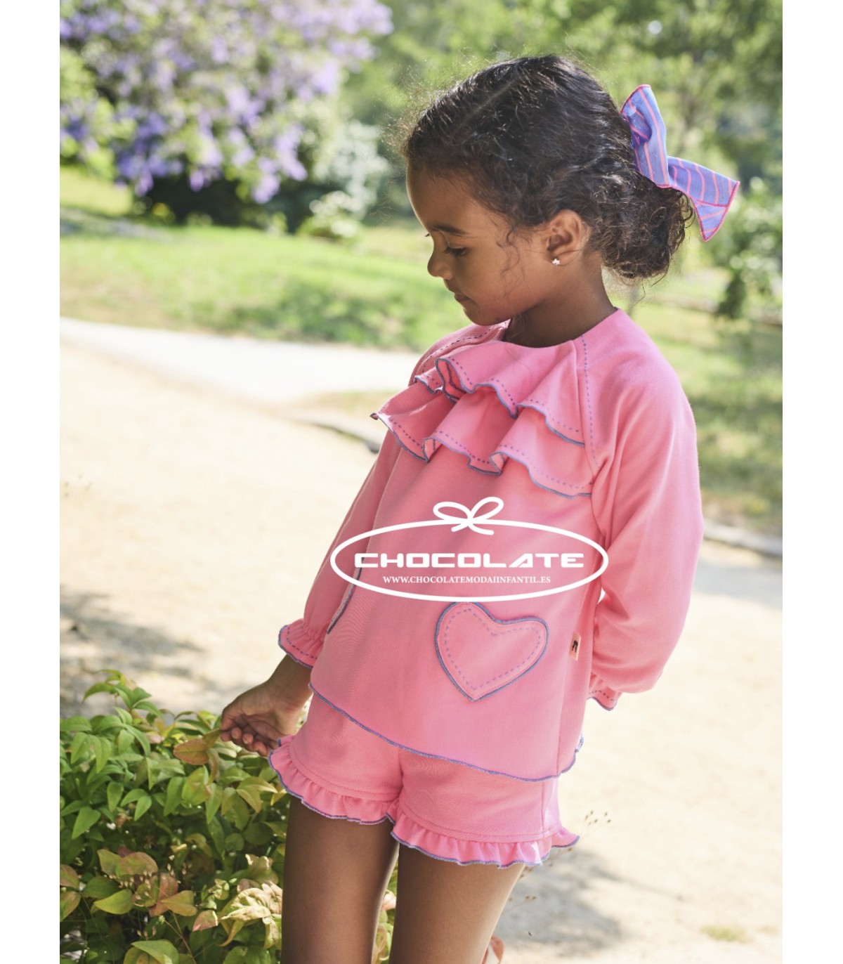 Conjunto para niña La Martinica colección Pantera Rosa con sudadera rosa y azul con volantes y short a juego