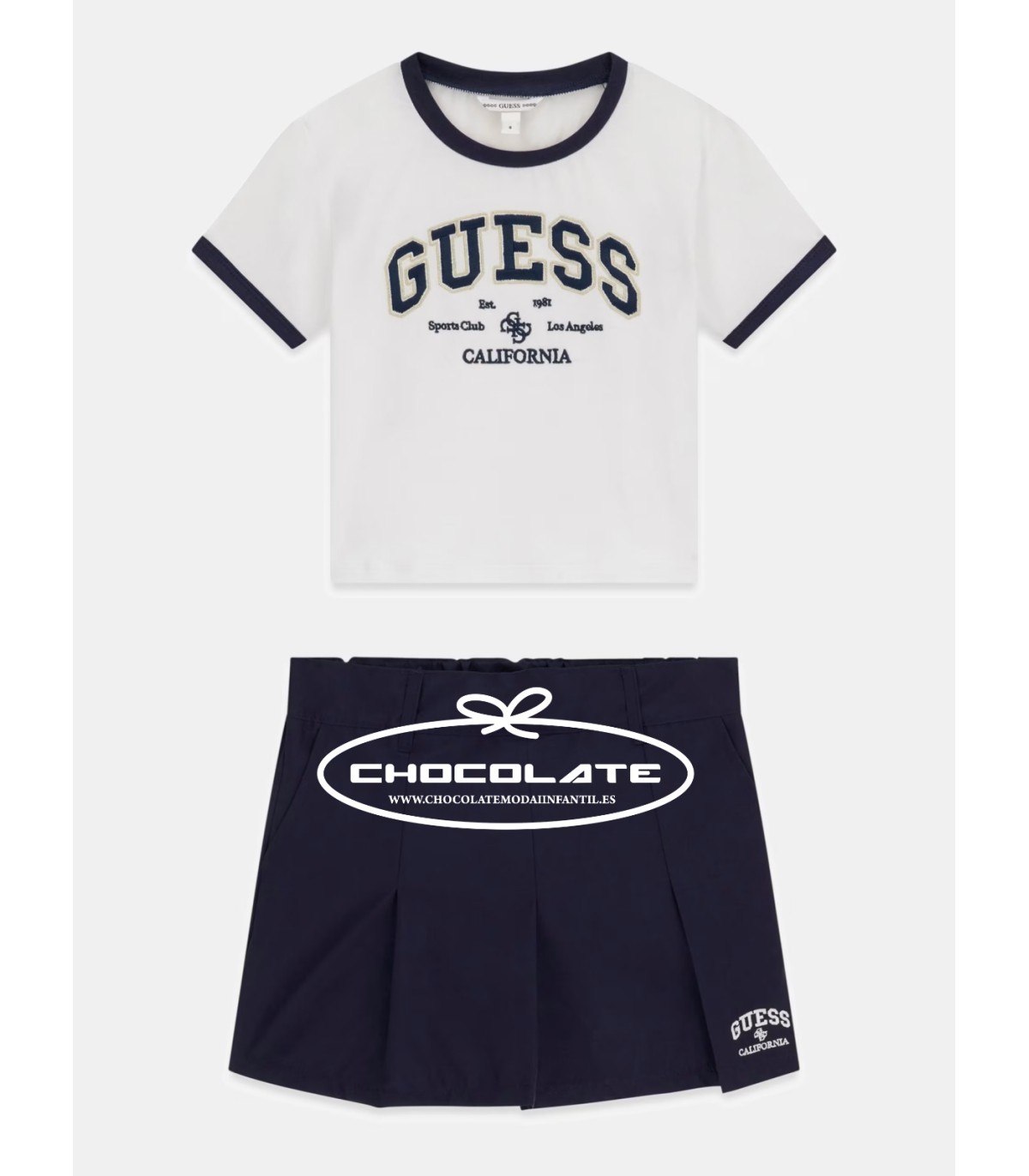Conjunto niña falda pantalón marino y camiseta blanca Guess | Conju...